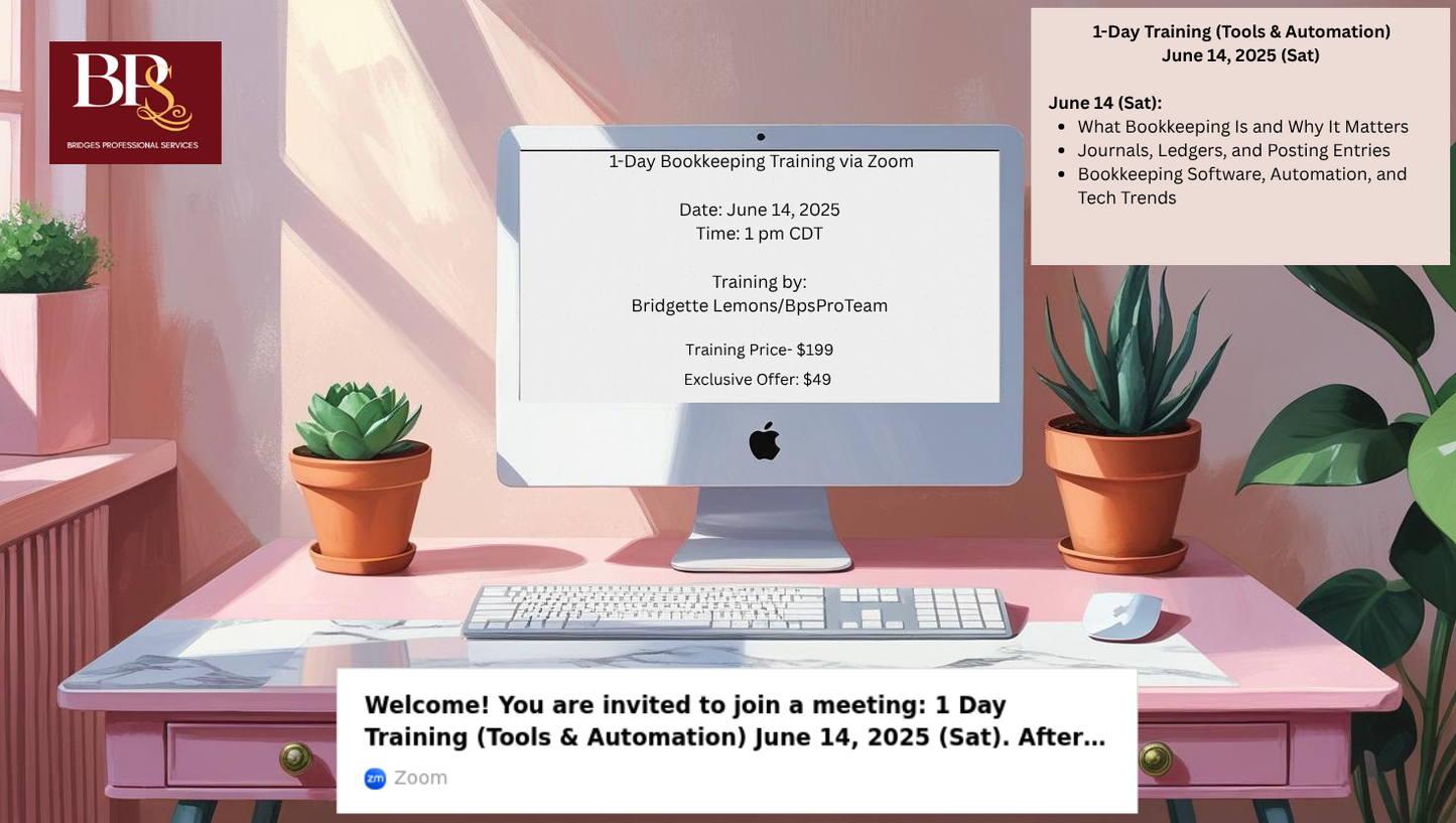 1-Day Bookkeeping Training (June 14, 2025) β Tools, Ledgers & Automation via Zoom